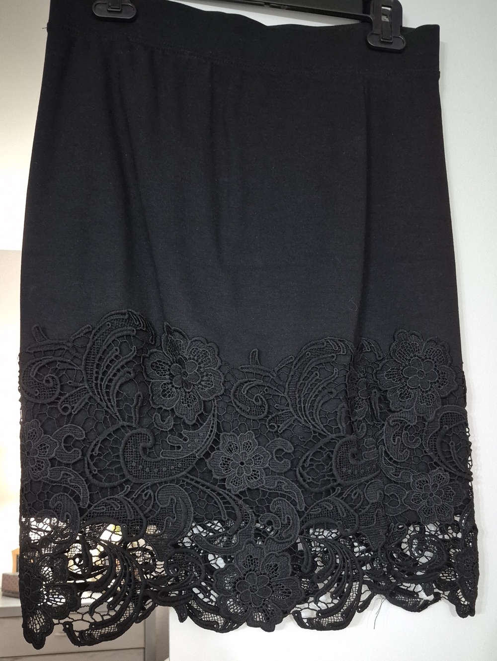 Haute Monde Black Pencil Skirt with Lace Hem